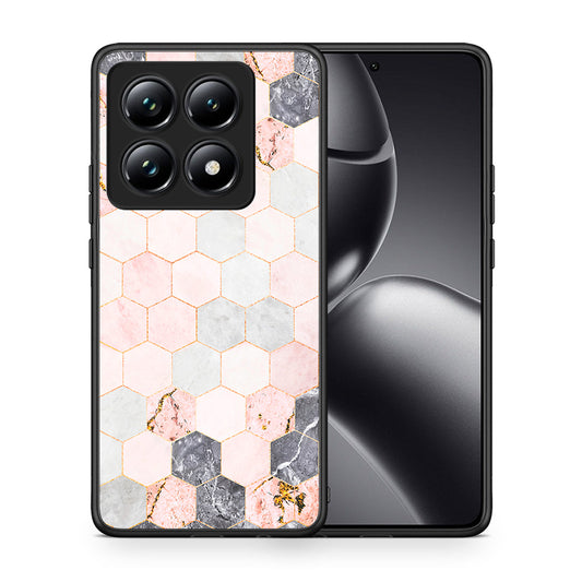 Θήκη Xiaomi 14T Pro Hexagon Pink Marble από τη Smartfits με σχέδιο στο πίσω μέρος και μαύρο περίβλημα | Xiaomi 14T Pro Hexagon Pink Marble case with colorful back and black bezels