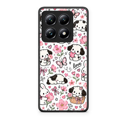 Θήκη Xiaomi 14T Pro Pink Florals Puppies and Bunnies on White από τη Smartfits με σχέδιο στο πίσω μέρος και μαύρο περίβλημα | Xiaomi 14T Pro Pink Florals Puppies and Bunnies on White case with colorful back and black bezels