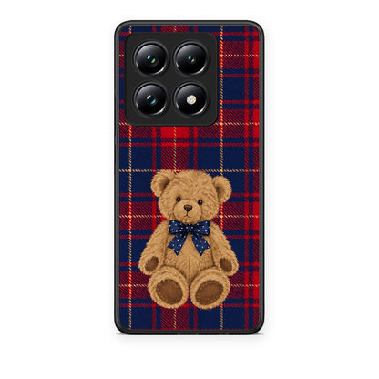 Θήκη Xiaomi 14T Pro Teddy Bear on Red and Navy Tartan από τη Smartfits με σχέδιο στο πίσω μέρος και μαύρο περίβλημα | Xiaomi 14T Pro Teddy Bear on Red and Navy Tartan case with colorful back and black bezels