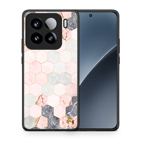 Θήκη Xiaomi 15 Hexagon Pink Marble από τη Smartfits με σχέδιο στο πίσω μέρος και μαύρο περίβλημα | Xiaomi 15 Hexagon Pink Marble case with colorful back and black bezels