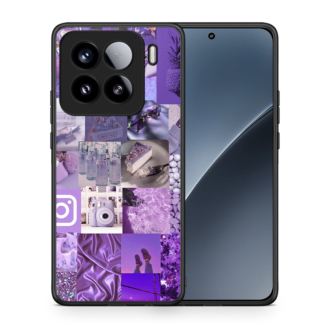 Θήκη Xiaomi 15 Purple Aesthetic Collage από τη Smartfits με σχέδιο στο πίσω μέρος και μαύρο περίβλημα | Xiaomi 15 Purple Aesthetic Collage case with colorful back and black bezels