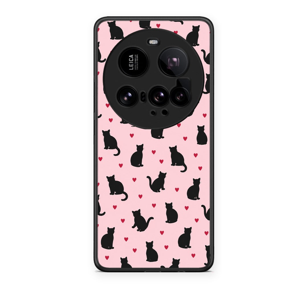 Θήκη Xiaomi 15 Ultra 5G Black Cat Silhouettes and Hearts on Pink από τη Smartfits με σχέδιο στο πίσω μέρος και μαύρο περίβλημα | Xiaomi 15 Ultra 5G Black Cat Silhouettes and Hearts on Pink case with colorful back and black bezels