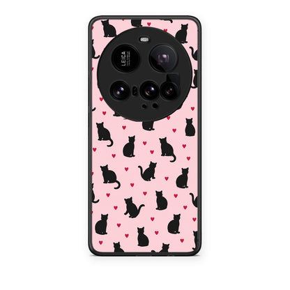 Θήκη Xiaomi 15 Ultra 5G Black Cat Silhouettes and Hearts on Pink από τη Smartfits με σχέδιο στο πίσω μέρος και μαύρο περίβλημα | Xiaomi 15 Ultra 5G Black Cat Silhouettes and Hearts on Pink case with colorful back and black bezels