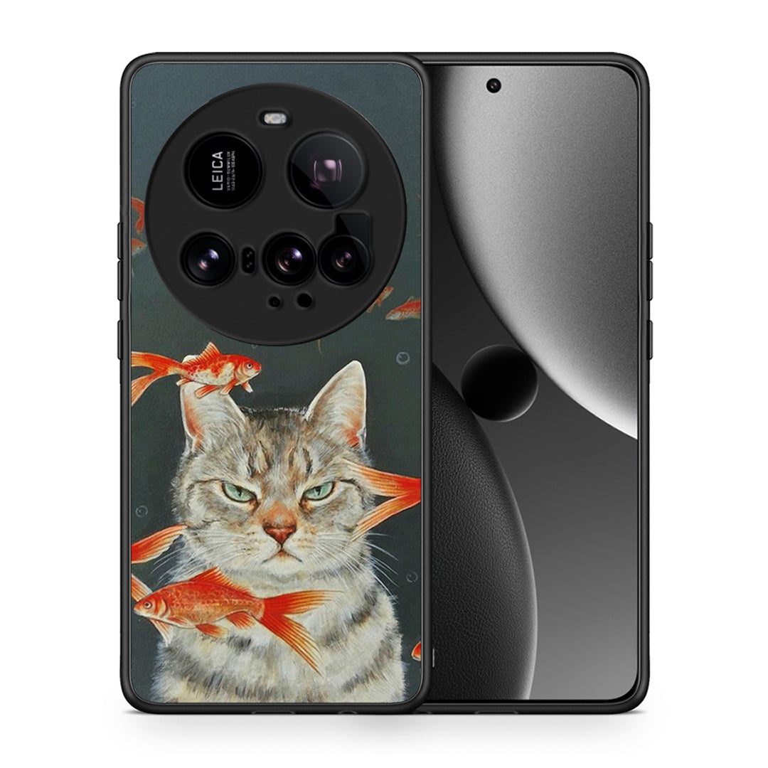 Θήκη Xiaomi 15 Ultra 5G Cat Goldfish από τη Smartfits με σχέδιο στο πίσω μέρος και μαύρο περίβλημα | Xiaomi 15 Ultra 5G Cat Goldfish case with colorful back and black bezels