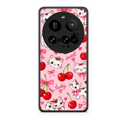 Θήκη Xiaomi 15 Ultra 5G Cherries Bows and Kittens on Pink από τη Smartfits με σχέδιο στο πίσω μέρος και μαύρο περίβλημα | Xiaomi 15 Ultra 5G Cherries Bows and Kittens on Pink case with colorful back and black bezels