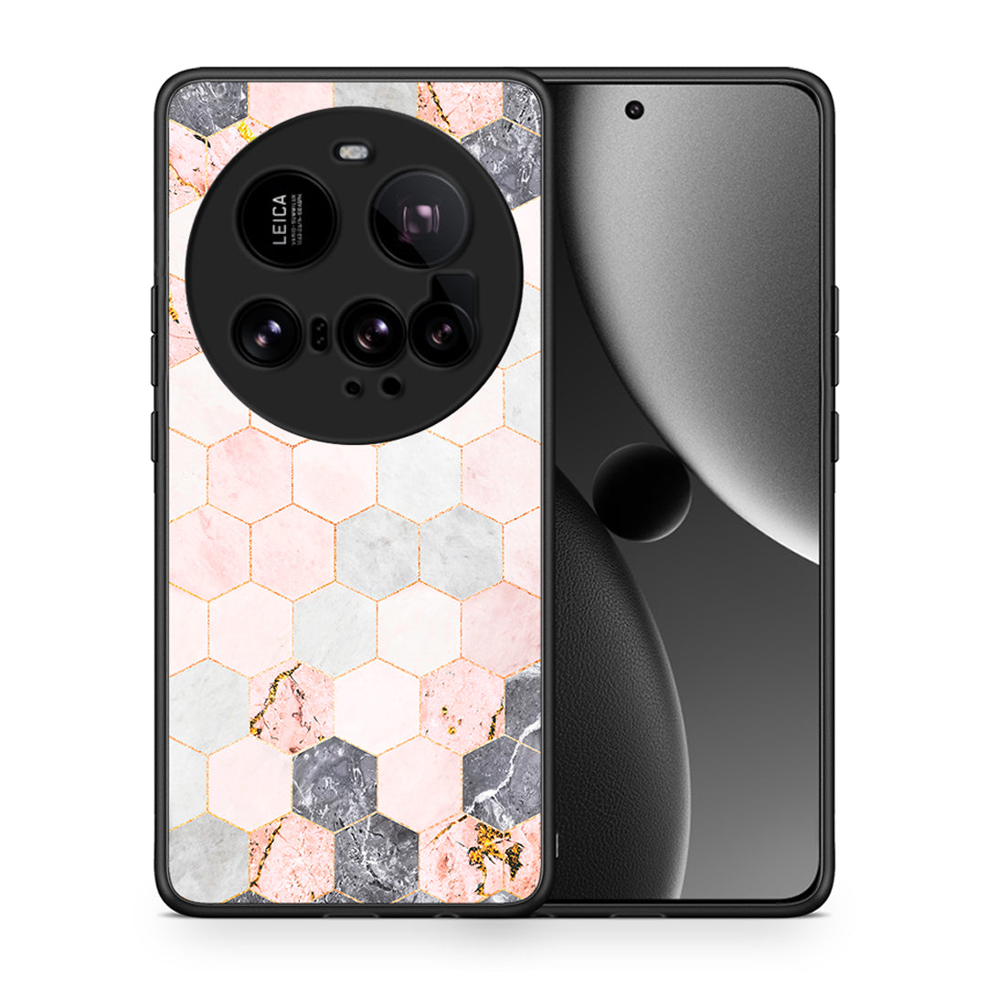 Θήκη Xiaomi 15 Ultra 5G Hexagon Pink Marble από τη Smartfits με σχέδιο στο πίσω μέρος και μαύρο περίβλημα | Xiaomi 15 Ultra 5G Hexagon Pink Marble case with colorful back and black bezels