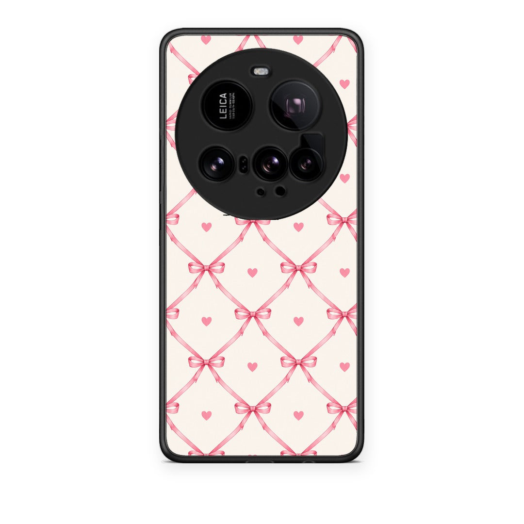 Θήκη Xiaomi 15 Ultra 5G Pink Bow Lattice and Hearts on Cream από τη Smartfits με σχέδιο στο πίσω μέρος και μαύρο περίβλημα | Xiaomi 15 Ultra 5G Pink Bow Lattice and Hearts on Cream case with colorful back and black bezels