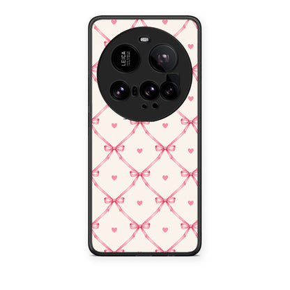 Θήκη Xiaomi 15 Ultra 5G Pink Bow Lattice and Hearts on Cream από τη Smartfits με σχέδιο στο πίσω μέρος και μαύρο περίβλημα | Xiaomi 15 Ultra 5G Pink Bow Lattice and Hearts on Cream case with colorful back and black bezels