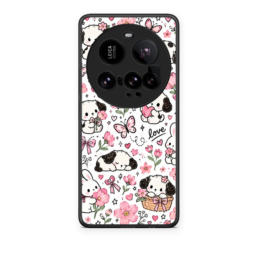 Θήκη Xiaomi 15 Ultra 5G Pink Florals Puppies and Bunnies on White από τη Smartfits με σχέδιο στο πίσω μέρος και μαύρο περίβλημα | Xiaomi 15 Ultra 5G Pink Florals Puppies and Bunnies on White case with colorful back and black bezels