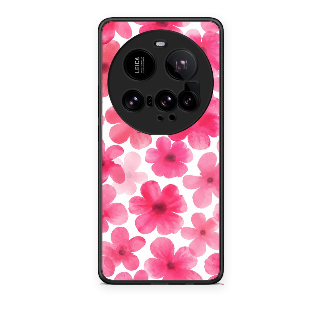 Θήκη Xiaomi 15 Ultra 5G Pink Watercolour Flowers on White από τη Smartfits με σχέδιο στο πίσω μέρος και μαύρο περίβλημα | Xiaomi 15 Ultra 5G Pink Watercolour Flowers on White case with colorful back and black bezels