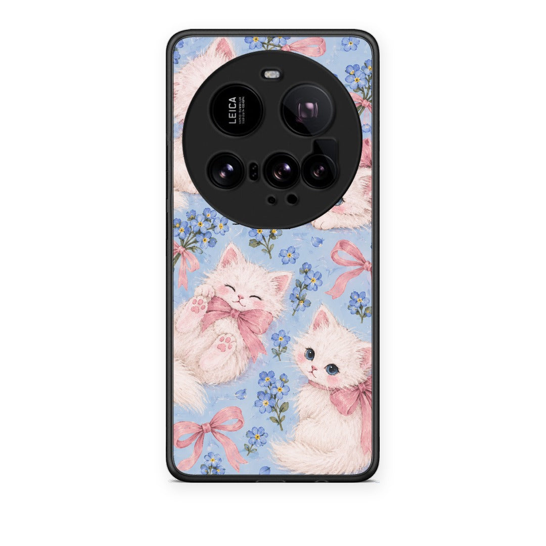 Θήκη Xiaomi 15 Ultra 5G White Kittens and Blue Flowers Large από τη Smartfits με σχέδιο στο πίσω μέρος και μαύρο περίβλημα | Xiaomi 15 Ultra 5G White Kittens and Blue Flowers Large case with colorful back and black bezels