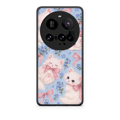 Θήκη Xiaomi 15 Ultra 5G White Kittens and Blue Flowers Large από τη Smartfits με σχέδιο στο πίσω μέρος και μαύρο περίβλημα | Xiaomi 15 Ultra 5G White Kittens and Blue Flowers Large case with colorful back and black bezels