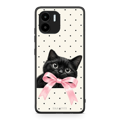 Θήκη Xiaomi Redmi A1 / A2 Black Kitten Pink Bow and Polka Dots από τη Smartfits με σχέδιο στο πίσω μέρος και μαύρο περίβλημα | Xiaomi Redmi A1 / A2 Black Kitten Pink Bow and Polka Dots case with colorful back and black bezels