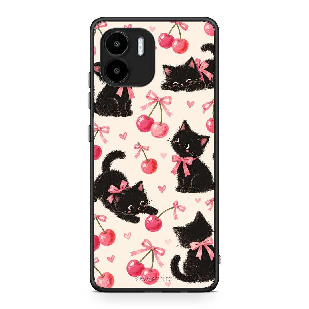 Θήκη Xiaomi Redmi A1 / A2 Black Kittens and Cherries on Cream από τη Smartfits με σχέδιο στο πίσω μέρος και μαύρο περίβλημα | Xiaomi Redmi A1 / A2 Black Kittens and Cherries on Cream case with colorful back and black bezels