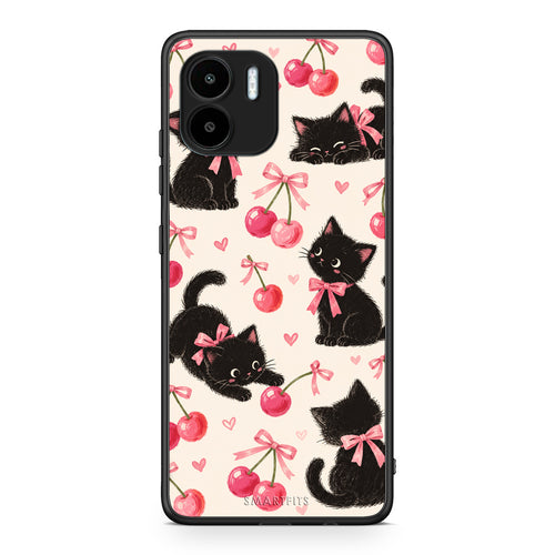 Θήκη Xiaomi Redmi A1 / A2 Black Kittens and Cherries on Cream από τη Smartfits με σχέδιο στο πίσω μέρος και μαύρο περίβλημα | Xiaomi Redmi A1 / A2 Black Kittens and Cherries on Cream case with colorful back and black bezels