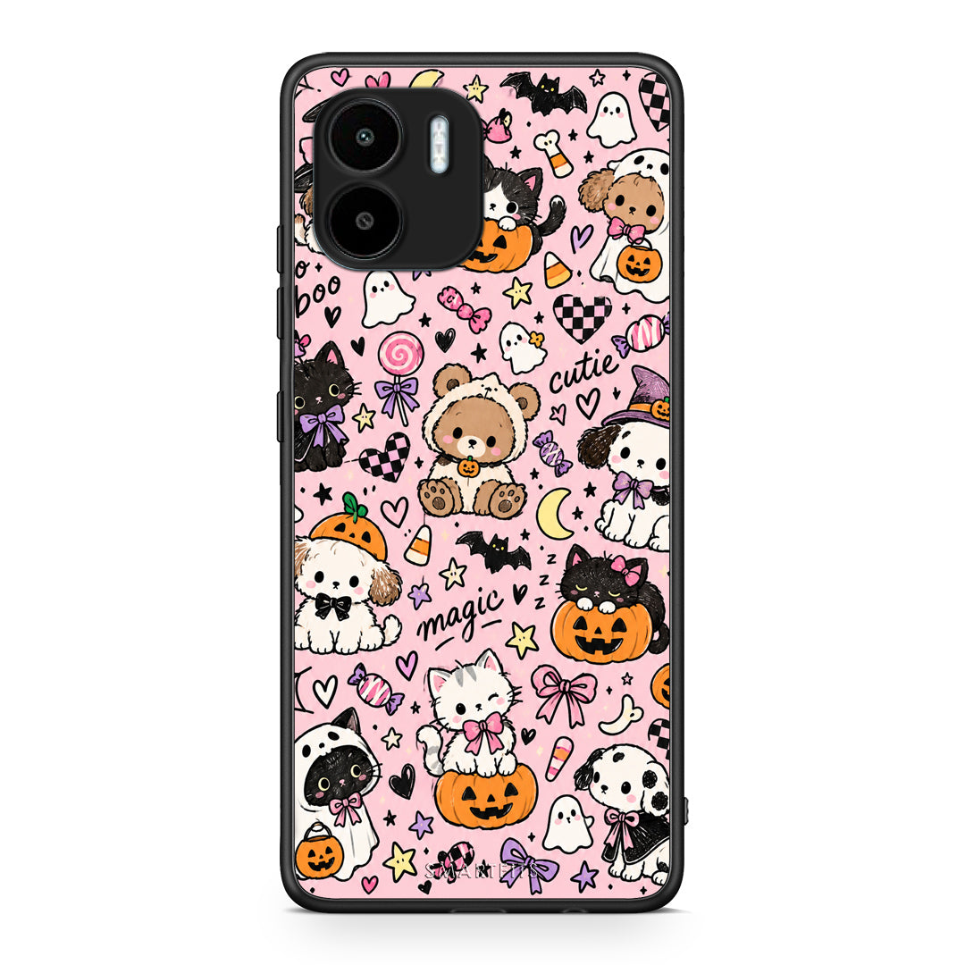 Θήκη Xiaomi Redmi A1 / A2 Halloween Cute Animals on Pink από τη Smartfits με σχέδιο στο πίσω μέρος και μαύρο περίβλημα | Xiaomi Redmi A1 / A2 Halloween Cute Animals on Pink case with colorful back and black bezels