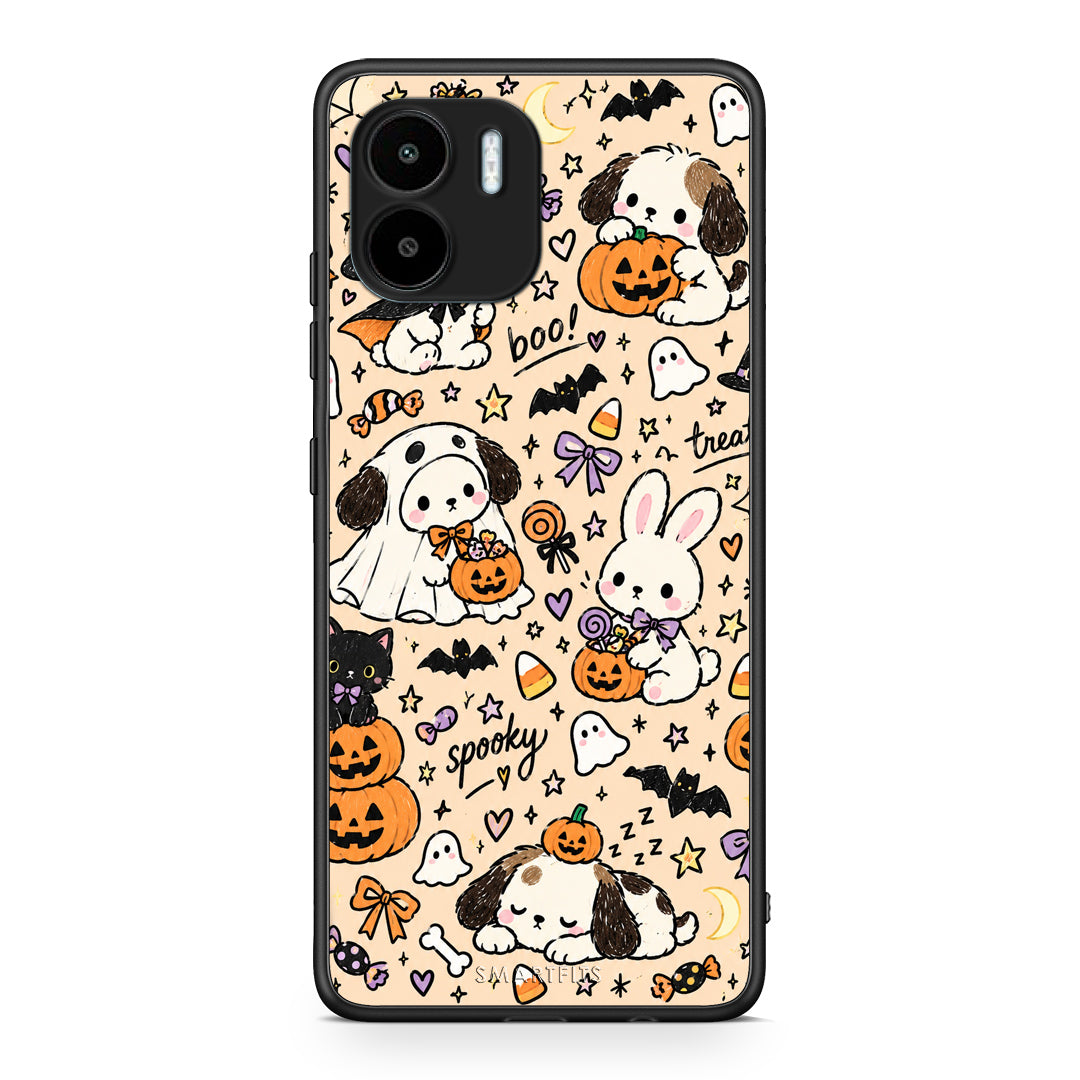 Θήκη Xiaomi Redmi A1 / A2 Halloween Puppies and Friends on Cream από τη Smartfits με σχέδιο στο πίσω μέρος και μαύρο περίβλημα | Xiaomi Redmi A1 / A2 Halloween Puppies and Friends on Cream case with colorful back and black bezels