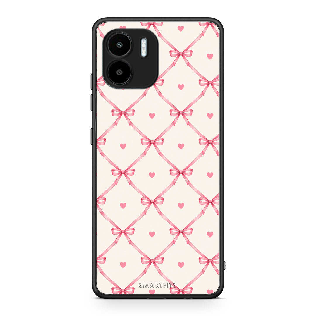 Θήκη Xiaomi Redmi A1 / A2 Pink Bow Lattice and Hearts on Cream από τη Smartfits με σχέδιο στο πίσω μέρος και μαύρο περίβλημα | Xiaomi Redmi A1 / A2 Pink Bow Lattice and Hearts on Cream case with colorful back and black bezels