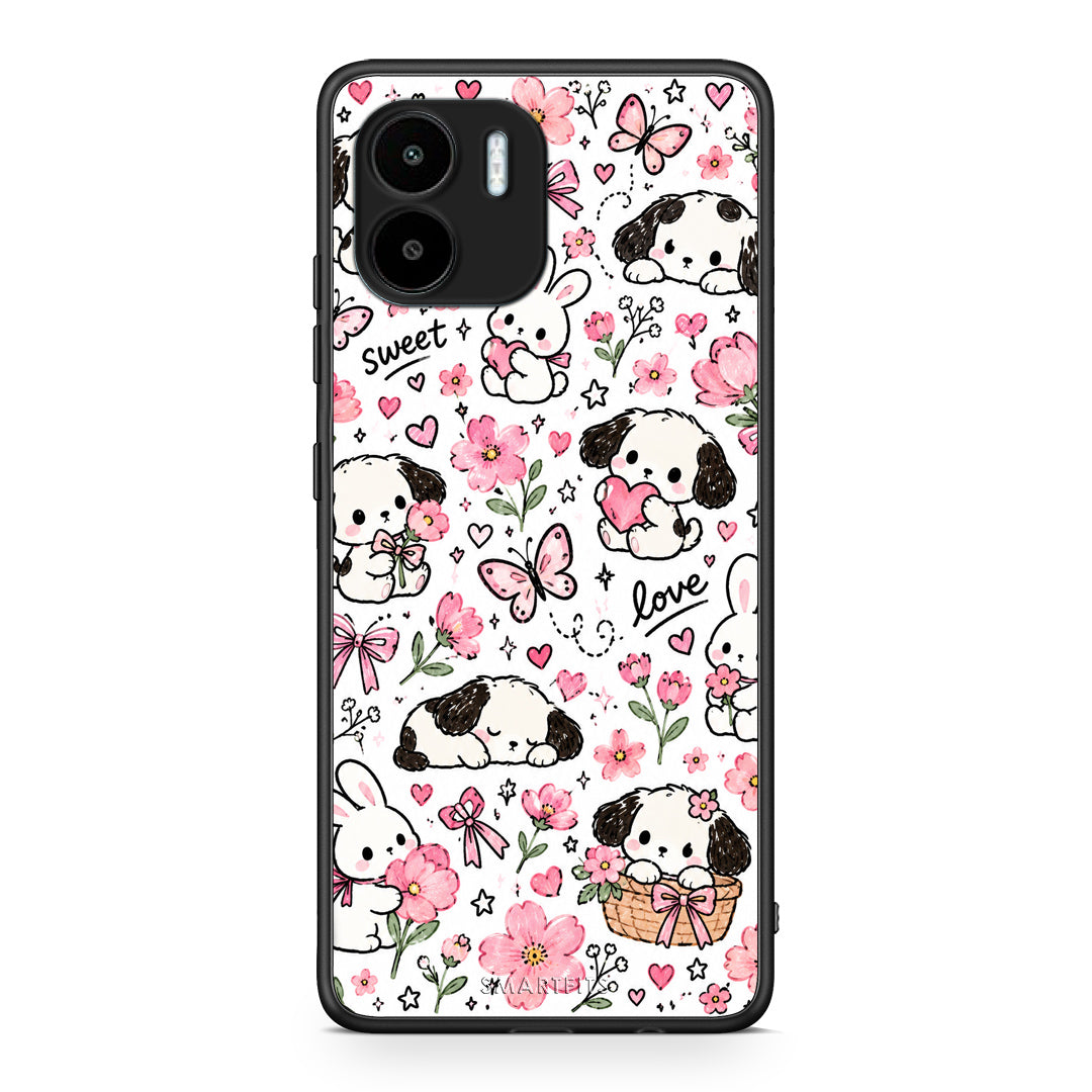 Θήκη Xiaomi Redmi A1 / A2 Pink Florals Puppies and Bunnies on White από τη Smartfits με σχέδιο στο πίσω μέρος και μαύρο περίβλημα | Xiaomi Redmi A1 / A2 Pink Florals Puppies and Bunnies on White case with colorful back and black bezels