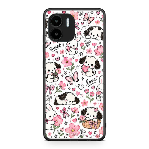 Θήκη Xiaomi Redmi A1 / A2 Pink Florals Puppies and Bunnies on White από τη Smartfits με σχέδιο στο πίσω μέρος και μαύρο περίβλημα | Xiaomi Redmi A1 / A2 Pink Florals Puppies and Bunnies on White case with colorful back and black bezels