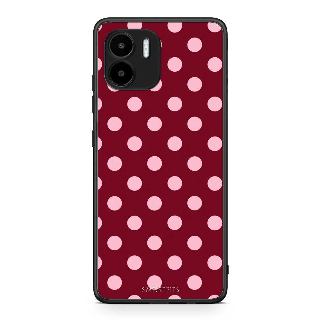 Θήκη Xiaomi Redmi A1 / A2 Pink Polka Dots on Burgundy από τη Smartfits με σχέδιο στο πίσω μέρος και μαύρο περίβλημα | Xiaomi Redmi A1 / A2 Pink Polka Dots on Burgundy case with colorful back and black bezels