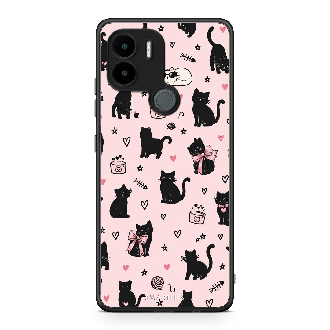 Θήκη Xiaomi Redmi A1+ / A2+ Black Cat Doodles on Pink από τη Smartfits με σχέδιο στο πίσω μέρος και μαύρο περίβλημα | Xiaomi Redmi A1+ / A2+ Black Cat Doodles on Pink case with colorful back and black bezels