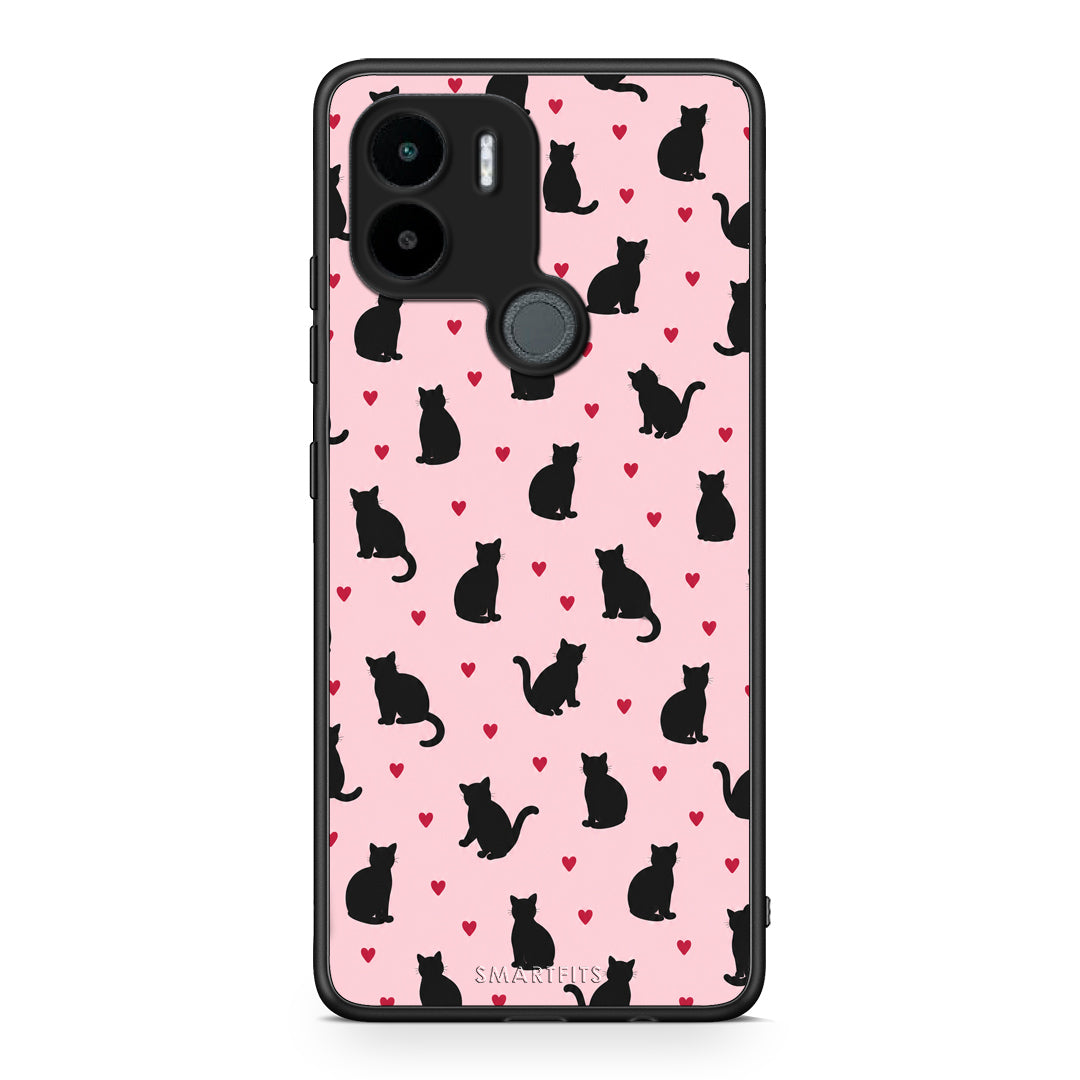 Θήκη Xiaomi Redmi A1+ / A2+ Black Cat Silhouettes and Hearts on Pink από τη Smartfits με σχέδιο στο πίσω μέρος και μαύρο περίβλημα | Xiaomi Redmi A1+ / A2+ Black Cat Silhouettes and Hearts on Pink case with colorful back and black bezels
