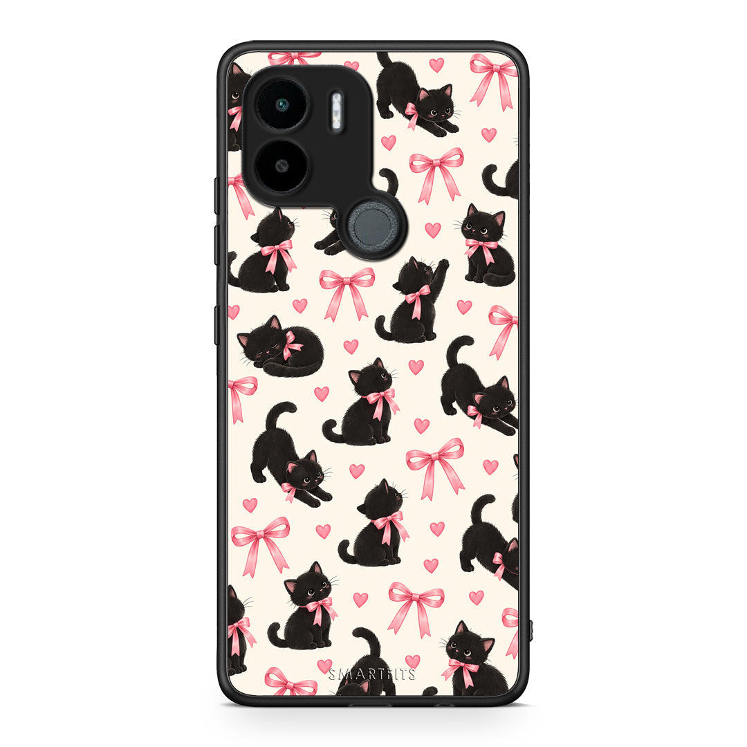 Θήκη Xiaomi Redmi A1+ / A2+ Black Kittens and Pink Bows on Cream Small από τη Smartfits με σχέδιο στο πίσω μέρος και μαύρο περίβλημα | Xiaomi Redmi A1+ / A2+ Black Kittens and Pink Bows on Cream Small case with colorful back and black bezels