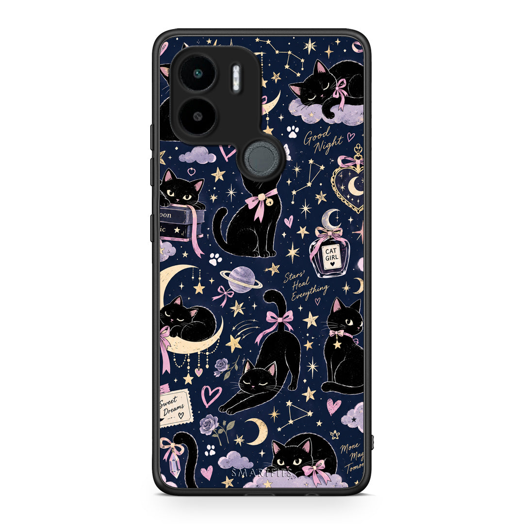 Θήκη Xiaomi Redmi A1+ / A2+ Celestial Black Cats on Navy από τη Smartfits με σχέδιο στο πίσω μέρος και μαύρο περίβλημα | Xiaomi Redmi A1+ / A2+ Celestial Black Cats on Navy case with colorful back and black bezels