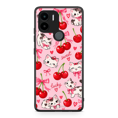 Θήκη Xiaomi Redmi A1+ / A2+ Cherries Bows and Kittens on Pink από τη Smartfits με σχέδιο στο πίσω μέρος και μαύρο περίβλημα | Xiaomi Redmi A1+ / A2+ Cherries Bows and Kittens on Pink case with colorful back and black bezels