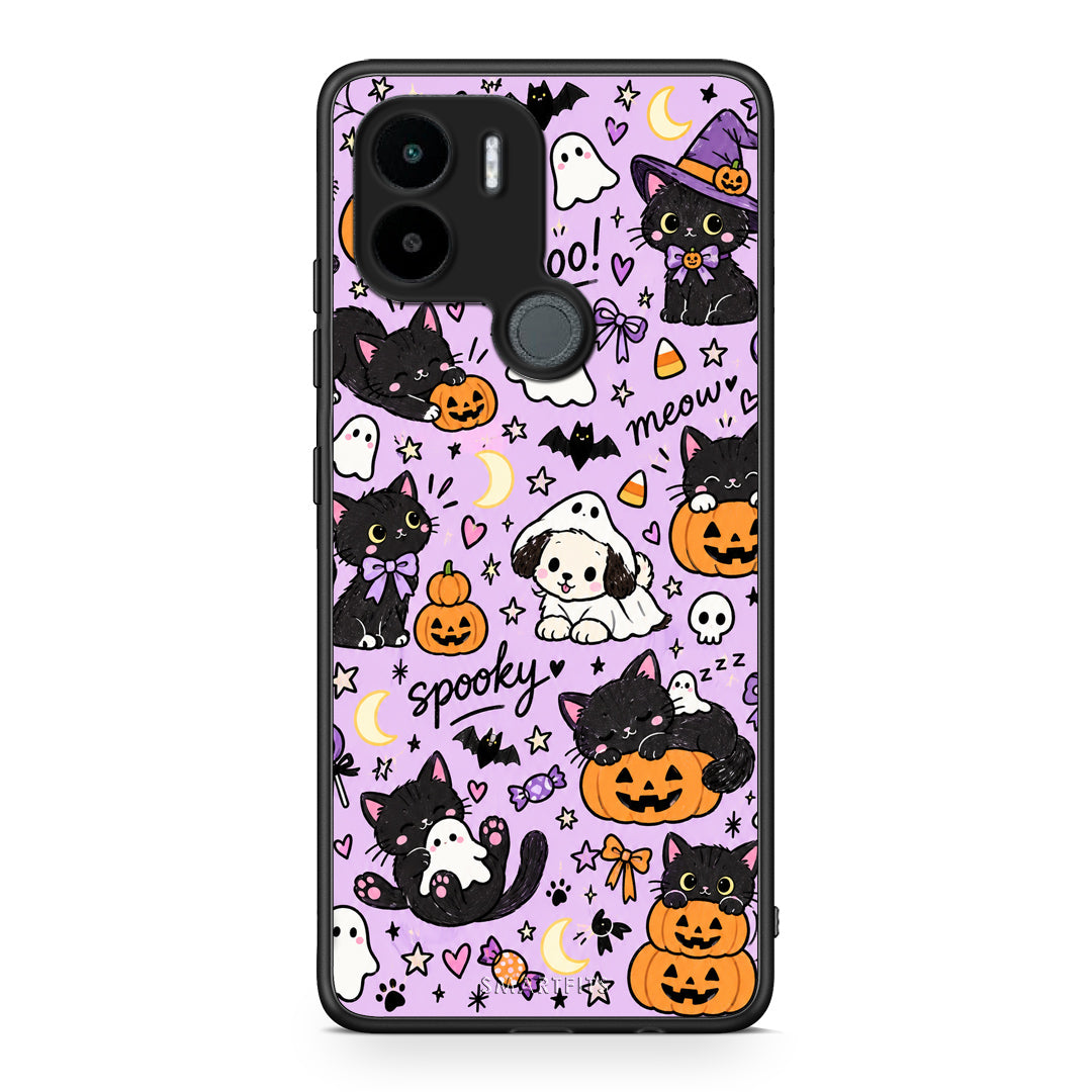 Θήκη Xiaomi Redmi A1+ / A2+ Halloween Black Cats on Lilac από τη Smartfits με σχέδιο στο πίσω μέρος και μαύρο περίβλημα | Xiaomi Redmi A1+ / A2+ Halloween Black Cats on Lilac case with colorful back and black bezels