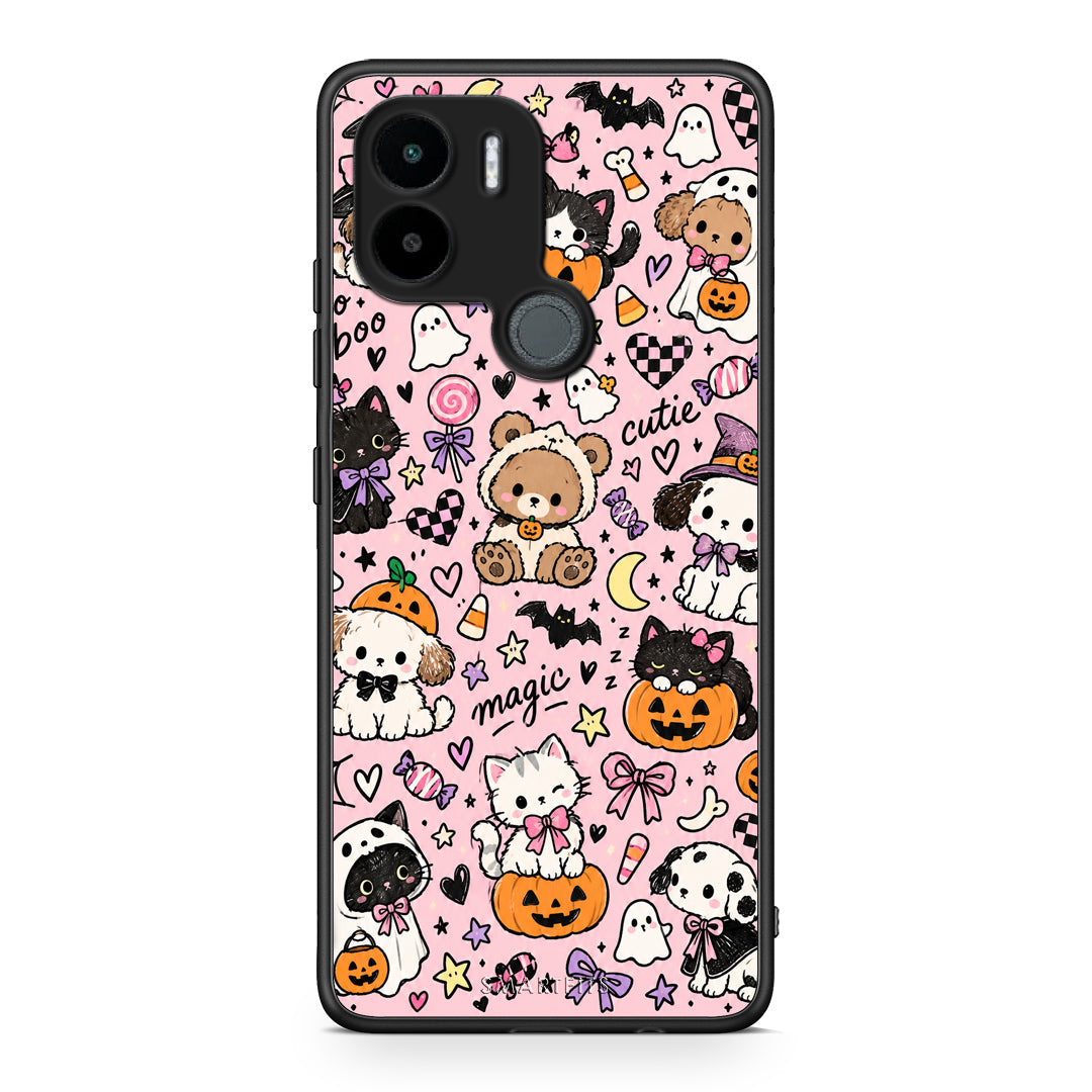 Θήκη Xiaomi Redmi A1+ / A2+ Halloween Cute Animals on Pink από τη Smartfits με σχέδιο στο πίσω μέρος και μαύρο περίβλημα | Xiaomi Redmi A1+ / A2+ Halloween Cute Animals on Pink case with colorful back and black bezels