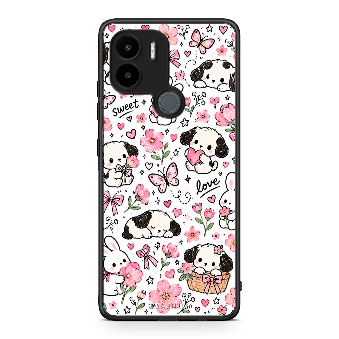 Θήκη Xiaomi Redmi A1+ / A2+ Pink Florals Puppies and Bunnies on White από τη Smartfits με σχέδιο στο πίσω μέρος και μαύρο περίβλημα | Xiaomi Redmi A1+ / A2+ Pink Florals Puppies and Bunnies on White case with colorful back and black bezels