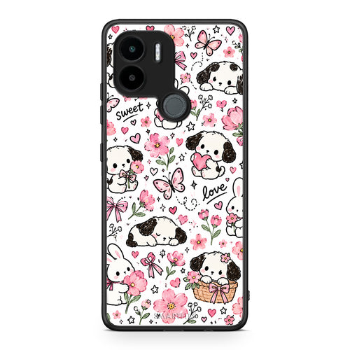 Θήκη Xiaomi Redmi A1+ / A2+ Pink Florals Puppies and Bunnies on White από τη Smartfits με σχέδιο στο πίσω μέρος και μαύρο περίβλημα | Xiaomi Redmi A1+ / A2+ Pink Florals Puppies and Bunnies on White case with colorful back and black bezels