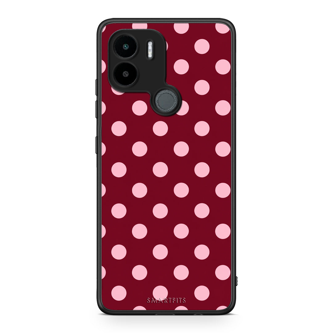 Θήκη Xiaomi Redmi A1+ / A2+ Pink Polka Dots on Burgundy από τη Smartfits με σχέδιο στο πίσω μέρος και μαύρο περίβλημα | Xiaomi Redmi A1+ / A2+ Pink Polka Dots on Burgundy case with colorful back and black bezels