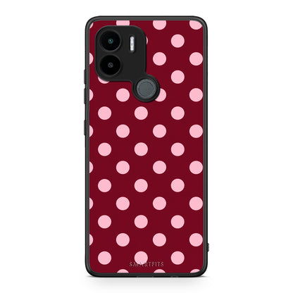 Θήκη Xiaomi Redmi A1+ / A2+ Pink Polka Dots on Burgundy από τη Smartfits με σχέδιο στο πίσω μέρος και μαύρο περίβλημα | Xiaomi Redmi A1+ / A2+ Pink Polka Dots on Burgundy case with colorful back and black bezels