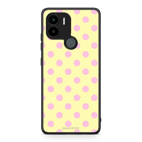 Θήκη Xiaomi Redmi A1+ / A2+ Pink Polka Dots on Yellow από τη Smartfits με σχέδιο στο πίσω μέρος και μαύρο περίβλημα | Xiaomi Redmi A1+ / A2+ Pink Polka Dots on Yellow case with colorful back and black bezels