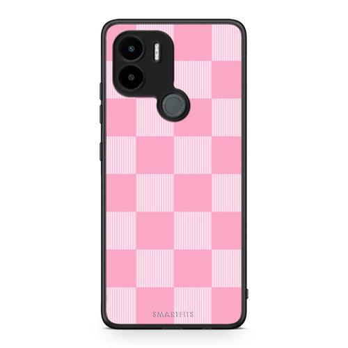 Θήκη Xiaomi Redmi A1+ / A2+ Pink and White Striped Checks από τη Smartfits με σχέδιο στο πίσω μέρος και μαύρο περίβλημα | Xiaomi Redmi A1+ / A2+ Pink and White Striped Checks case with colorful back and black bezels