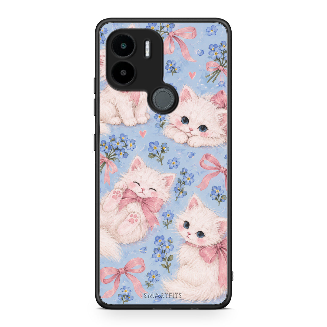 Θήκη Xiaomi Redmi A1+ / A2+ White Kittens and Blue Flowers Large από τη Smartfits με σχέδιο στο πίσω μέρος και μαύρο περίβλημα | Xiaomi Redmi A1+ / A2+ White Kittens and Blue Flowers Large case with colorful back and black bezels