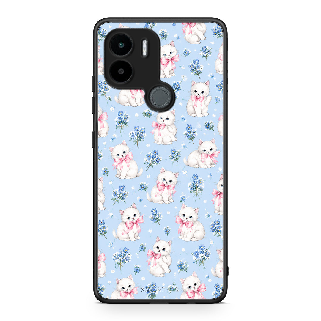 Θήκη Xiaomi Redmi A1+ / A2+ White Kittens and Blue Flowers Small από τη Smartfits με σχέδιο στο πίσω μέρος και μαύρο περίβλημα | Xiaomi Redmi A1+ / A2+ White Kittens and Blue Flowers Small case with colorful back and black bezels