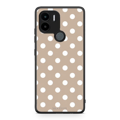 Θήκη Xiaomi Redmi A1+ / A2+ White Polka Dots on Taupe από τη Smartfits με σχέδιο στο πίσω μέρος και μαύρο περίβλημα | Xiaomi Redmi A1+ / A2+ White Polka Dots on Taupe case with colorful back and black bezels