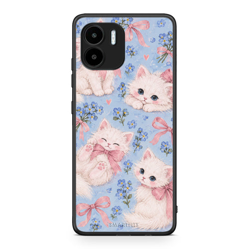 Θήκη Xiaomi Redmi A1 / A2 White Kittens and Blue Flowers Large από τη Smartfits με σχέδιο στο πίσω μέρος και μαύρο περίβλημα | Xiaomi Redmi A1 / A2 White Kittens and Blue Flowers Large case with colorful back and black bezels