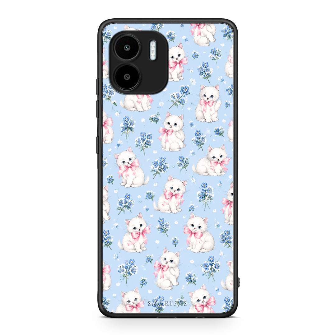 Θήκη Xiaomi Redmi A1 / A2 White Kittens and Blue Flowers Small από τη Smartfits με σχέδιο στο πίσω μέρος και μαύρο περίβλημα | Xiaomi Redmi A1 / A2 White Kittens and Blue Flowers Small case with colorful back and black bezels