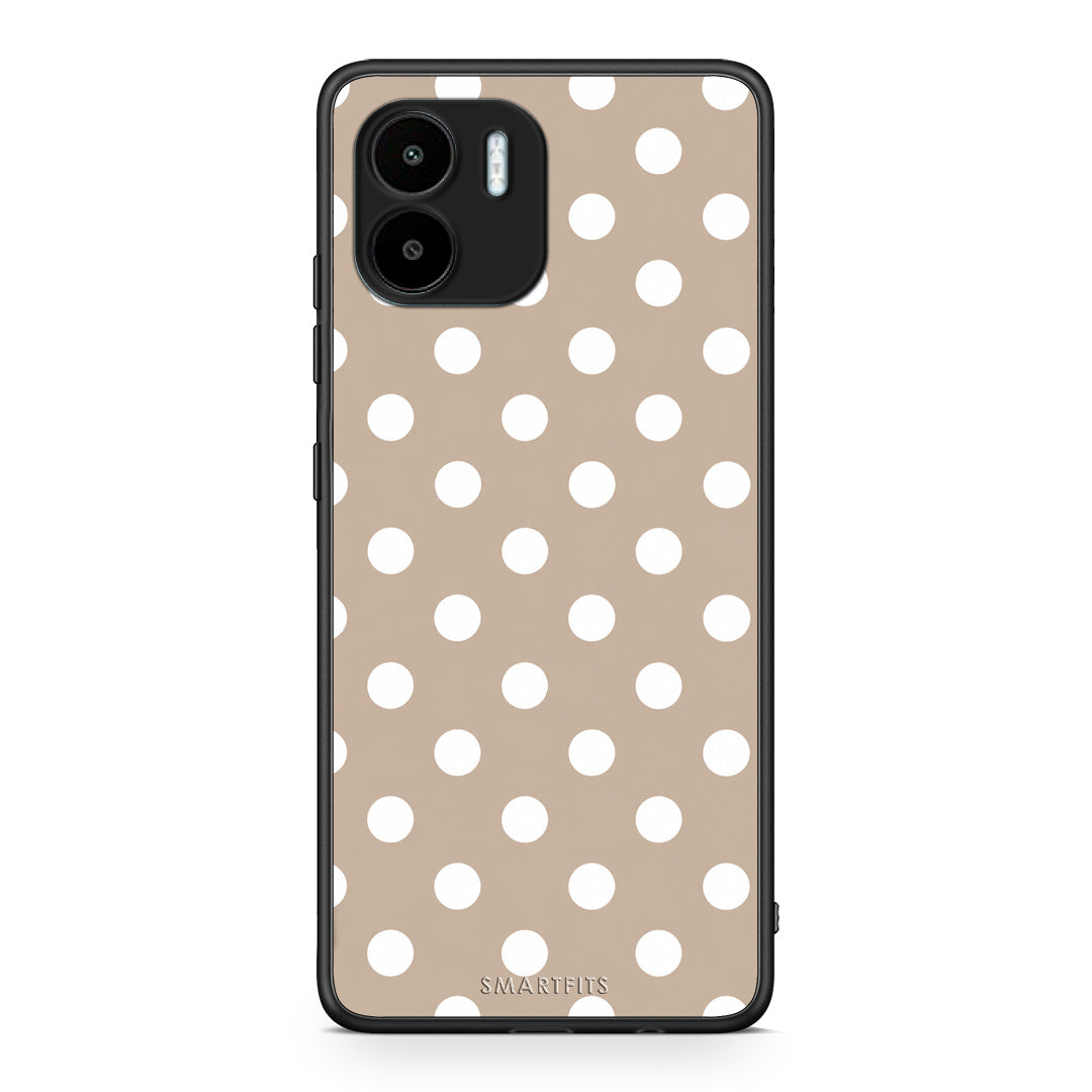Θήκη Xiaomi Redmi A1 / A2 White Polka Dots on Taupe από τη Smartfits με σχέδιο στο πίσω μέρος και μαύρο περίβλημα | Xiaomi Redmi A1 / A2 White Polka Dots on Taupe case with colorful back and black bezels