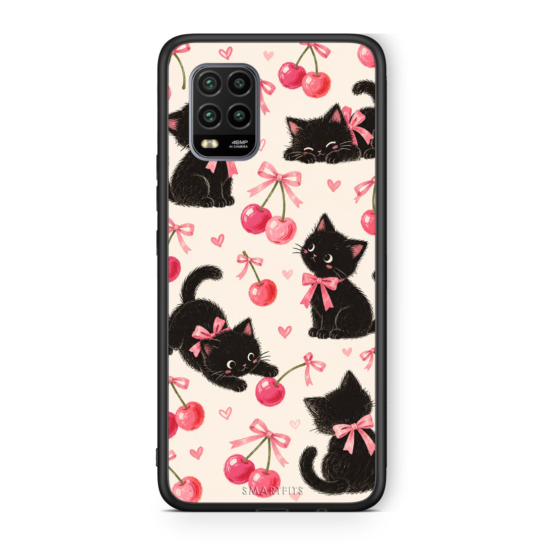 Θήκη Xiaomi Mi 10 Lite Black Kittens and Cherries on Cream από τη Smartfits με σχέδιο στο πίσω μέρος και μαύρο περίβλημα | Xiaomi Mi 10 Lite Black Kittens and Cherries on Cream case with colorful back and black bezels