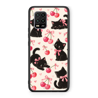 Θήκη Xiaomi Mi 10 Lite Black Kittens and Cherries on Cream από τη Smartfits με σχέδιο στο πίσω μέρος και μαύρο περίβλημα | Xiaomi Mi 10 Lite Black Kittens and Cherries on Cream case with colorful back and black bezels