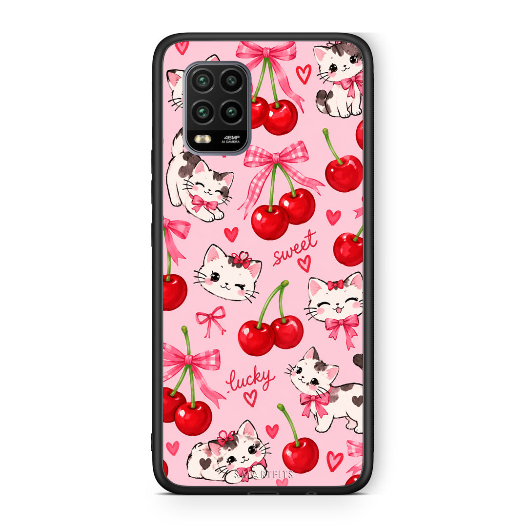 Θήκη Xiaomi Mi 10 Lite Cherries Bows and Kittens on Pink από τη Smartfits με σχέδιο στο πίσω μέρος και μαύρο περίβλημα | Xiaomi Mi 10 Lite Cherries Bows and Kittens on Pink case with colorful back and black bezels