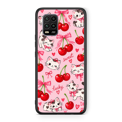 Θήκη Xiaomi Mi 10 Lite Cherries Bows and Kittens on Pink από τη Smartfits με σχέδιο στο πίσω μέρος και μαύρο περίβλημα | Xiaomi Mi 10 Lite Cherries Bows and Kittens on Pink case with colorful back and black bezels