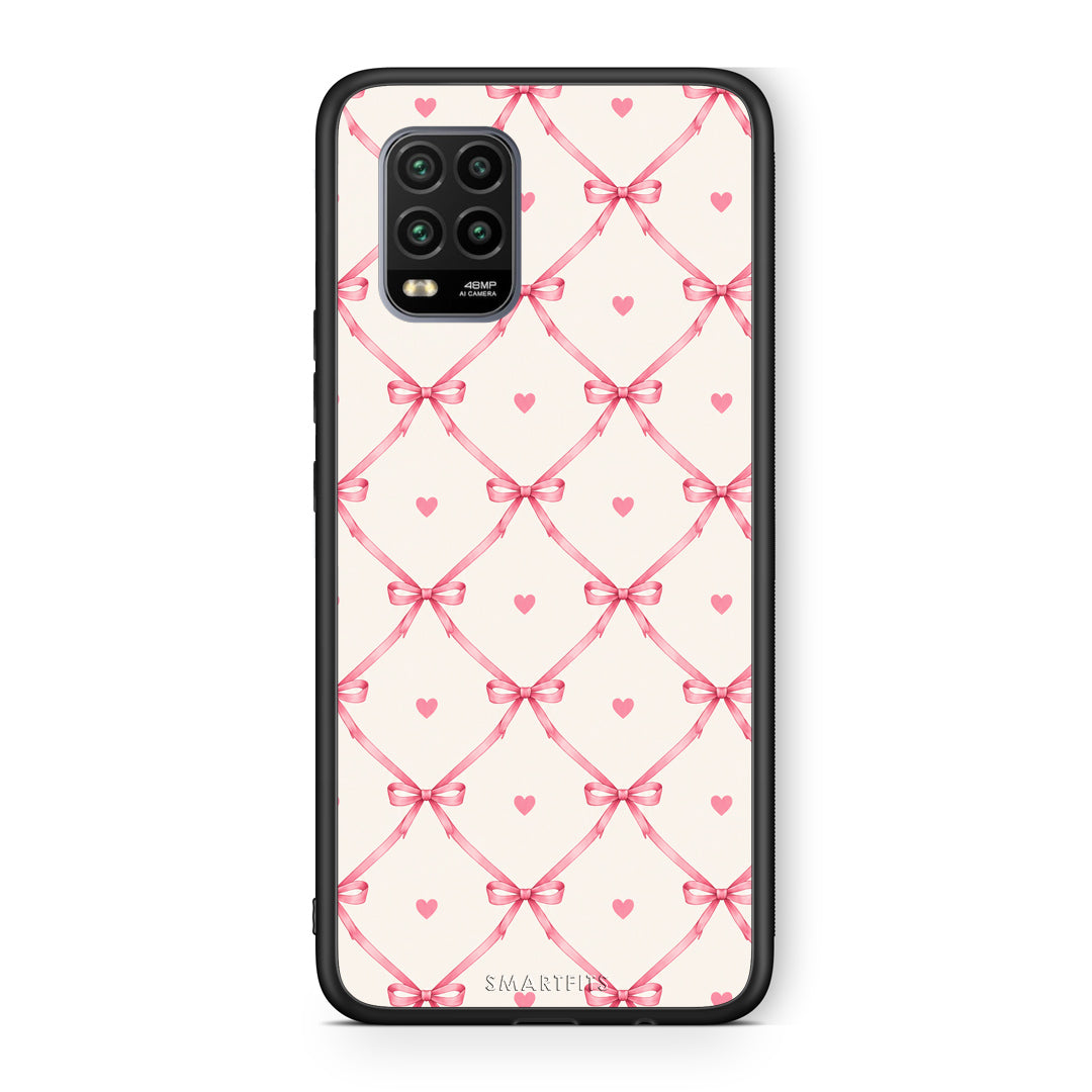 Θήκη Xiaomi Mi 10 Lite Pink Bow Lattice and Hearts on Cream από τη Smartfits με σχέδιο στο πίσω μέρος και μαύρο περίβλημα | Xiaomi Mi 10 Lite Pink Bow Lattice and Hearts on Cream case with colorful back and black bezels