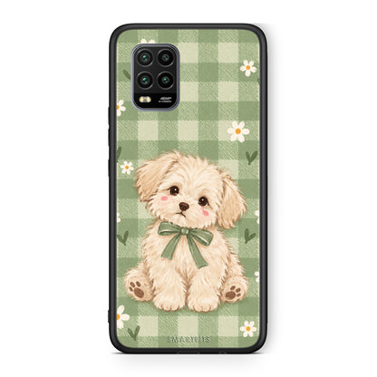 Θήκη Xiaomi Mi 10 Lite Puppy and Daisies on Sage Gingham από τη Smartfits με σχέδιο στο πίσω μέρος και μαύρο περίβλημα | Xiaomi Mi 10 Lite Puppy and Daisies on Sage Gingham case with colorful back and black bezels